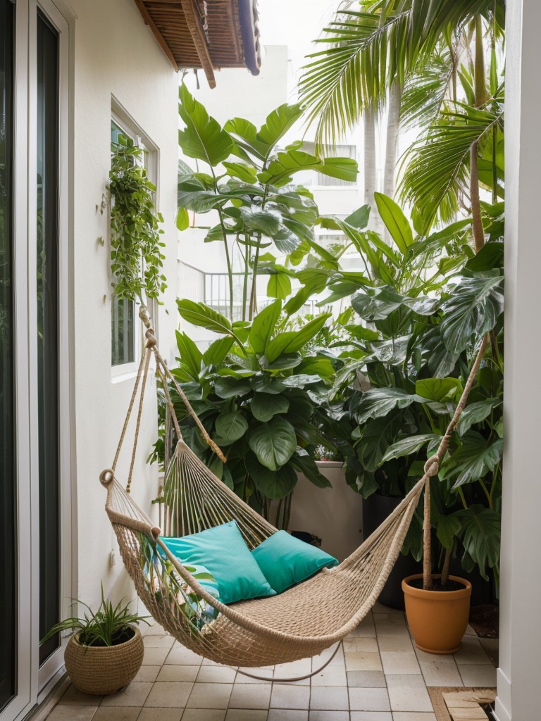 Create a tropical oasis on your small apartment patio with lush plants, vibrant colors, and playful elements like a hammock or swing chair.