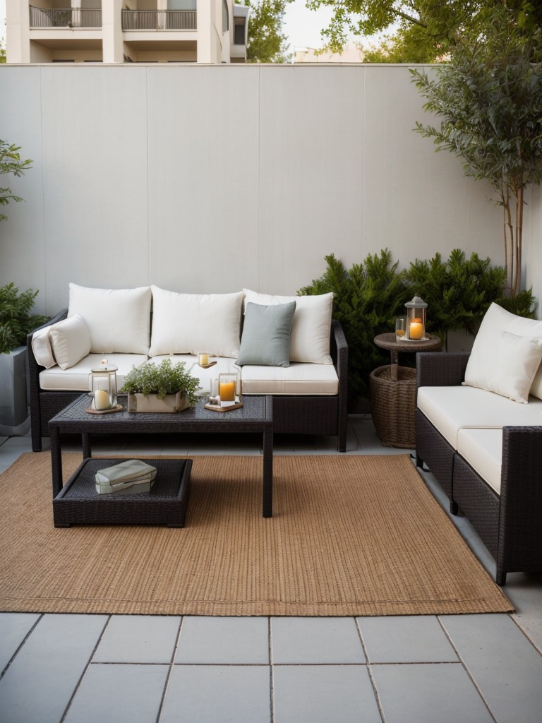 Enhance the aesthetics of your small apartment patio with stylish outdoor rugs and cushions that add both comfort and visual interest.