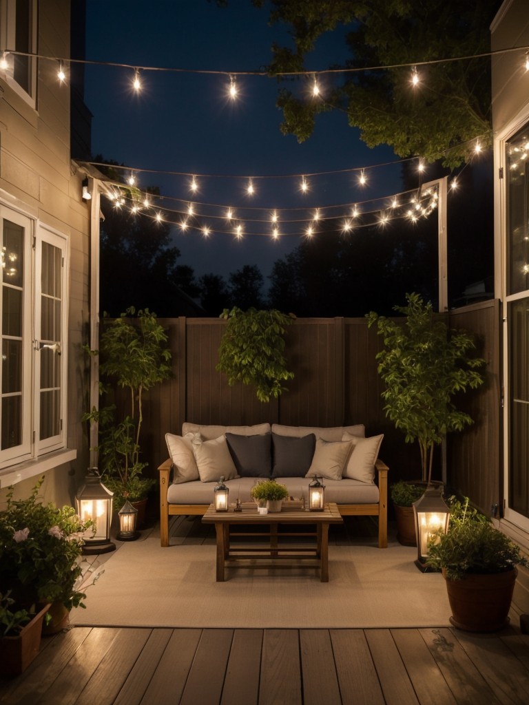 Enhance the ambiance of your small apartment patio with soft outdoor lighting, such as lanterns or fairy lights, to create a cozy atmosphere for relaxing or entertaining.