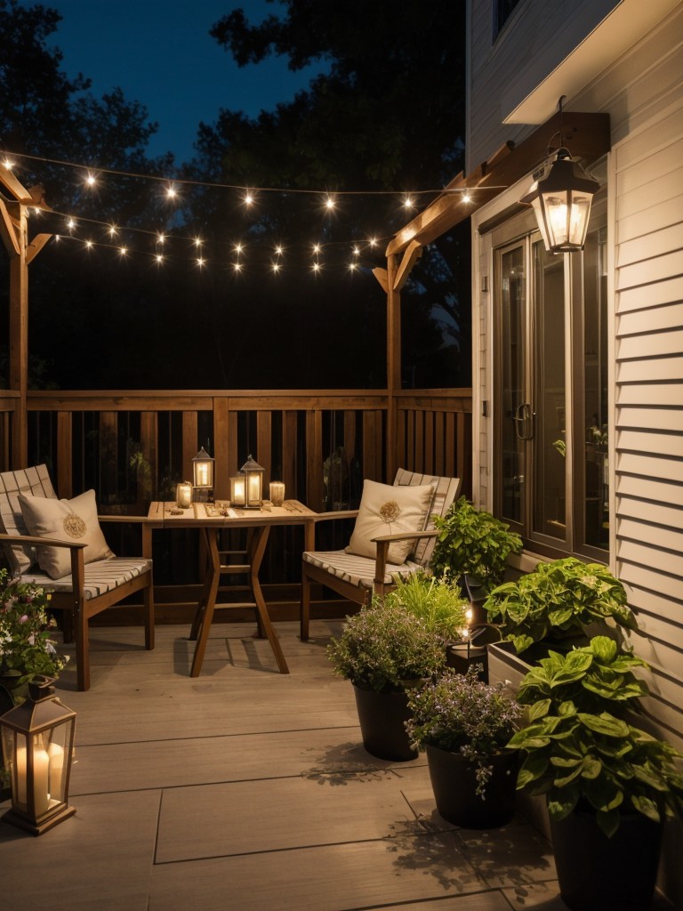 Enhance the ambiance of your small apartment patio with a variety of outdoor lighting options, including candles, lanterns, and solar-powered path lights.