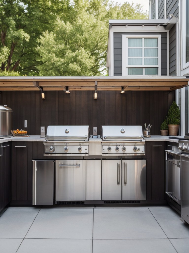 Incorporate a stylish and functional outdoor kitchen on your small apartment patio, complete with a grill, mini fridge, and prep station, to create the perfect space for entertaining guests.