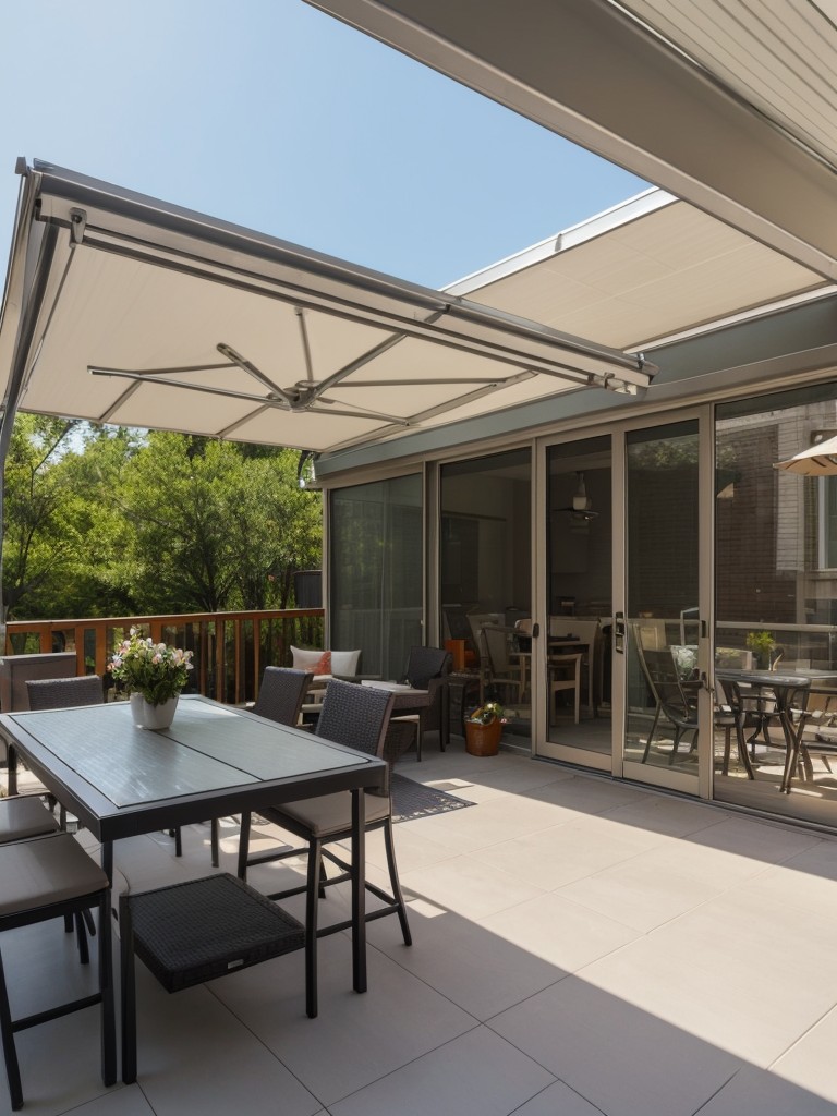 Install a retractable awning or umbrella on your small apartment patio to provide shade and protection from the elements during hot summer days.