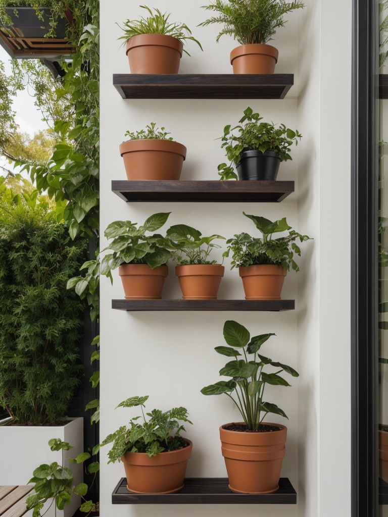 Maximize your vertical space by installing wall-mounted planters and shelving, allowing you to showcase your favorite plants and create a lush green oasis on your small apartment patio.