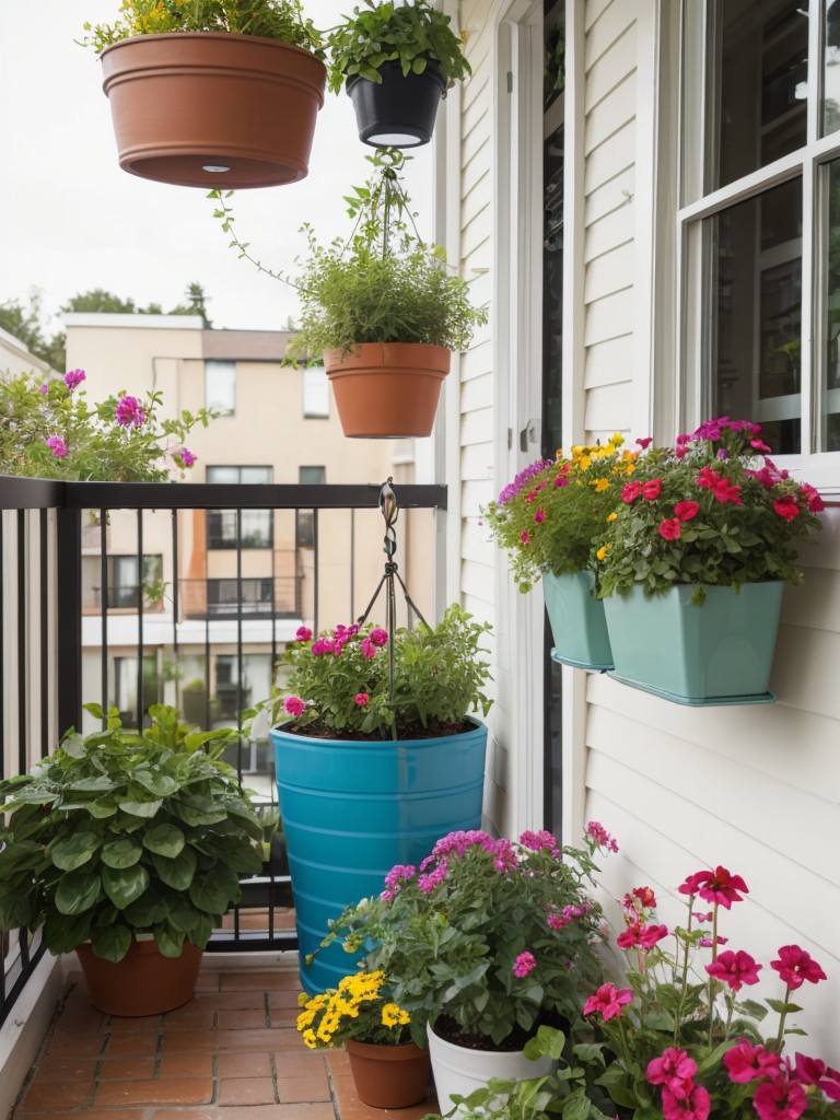 Transform your small apartment patio into a vibrant and colorful space by adding a variety of potted flowers, plants, and hanging baskets.