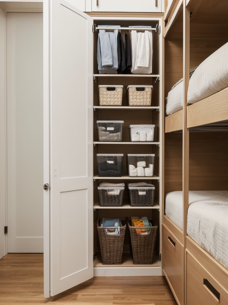 Clever space-saving storage solutions for small apartments using vertical wall shelves, hanging organizers, and under-bed storage bins.