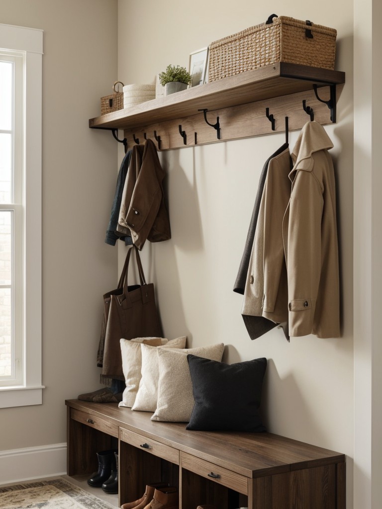 Create a stylish entryway with a floating shelf or wall-mounted coat rack paired with a bench that houses hidden storage bins for shoes or accessories.
