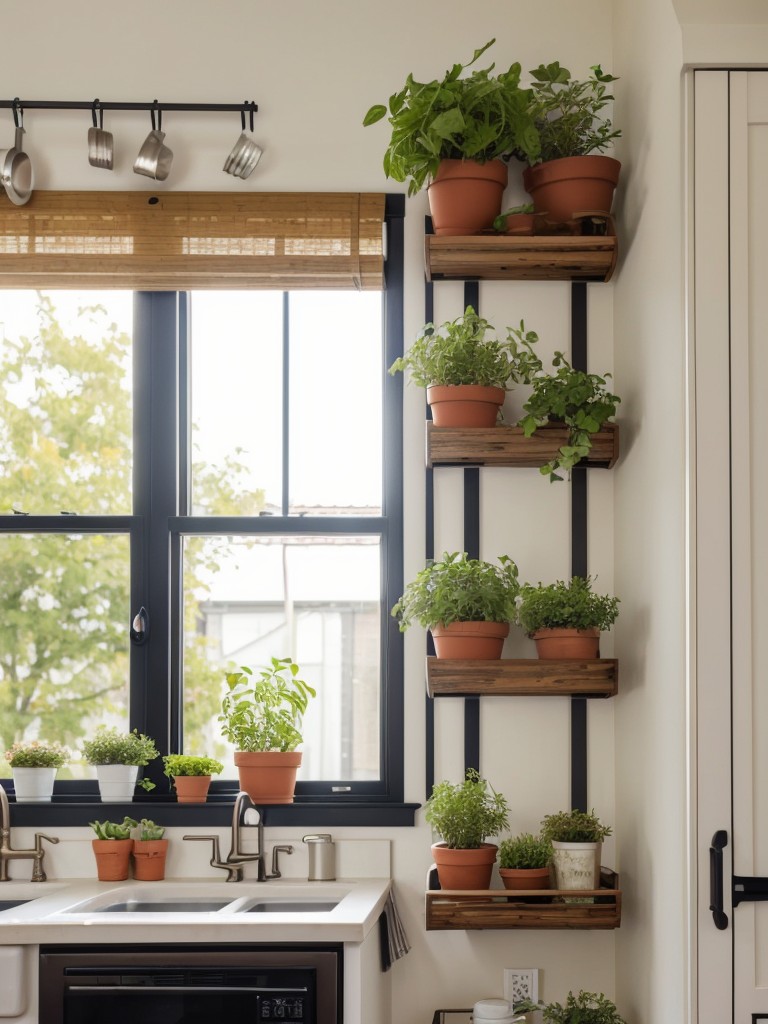 Create a vertical herb garden by installing floating shelves near your kitchen window or using a hanging plant rack in a sunny corner.