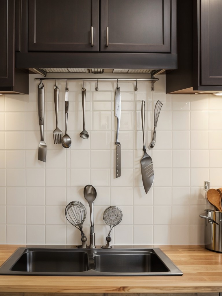Make use of your kitchen backsplash by installing magnetic strips or hooks to store knives, metal utensils, or frequently used tools.
