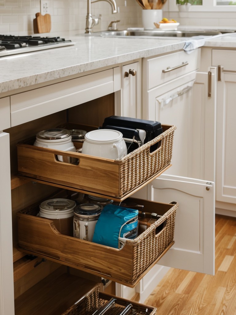Make use of the oft-forgotten space above your kitchen cabinets by installing baskets or decorative boxes to store items that are used less frequently.
