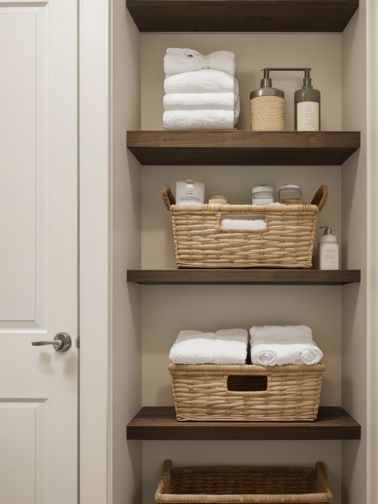 Make use of wasted vertical space in your bathroom by adding wall-mounted baskets or shelves for towels, toiletries, and small decor items.