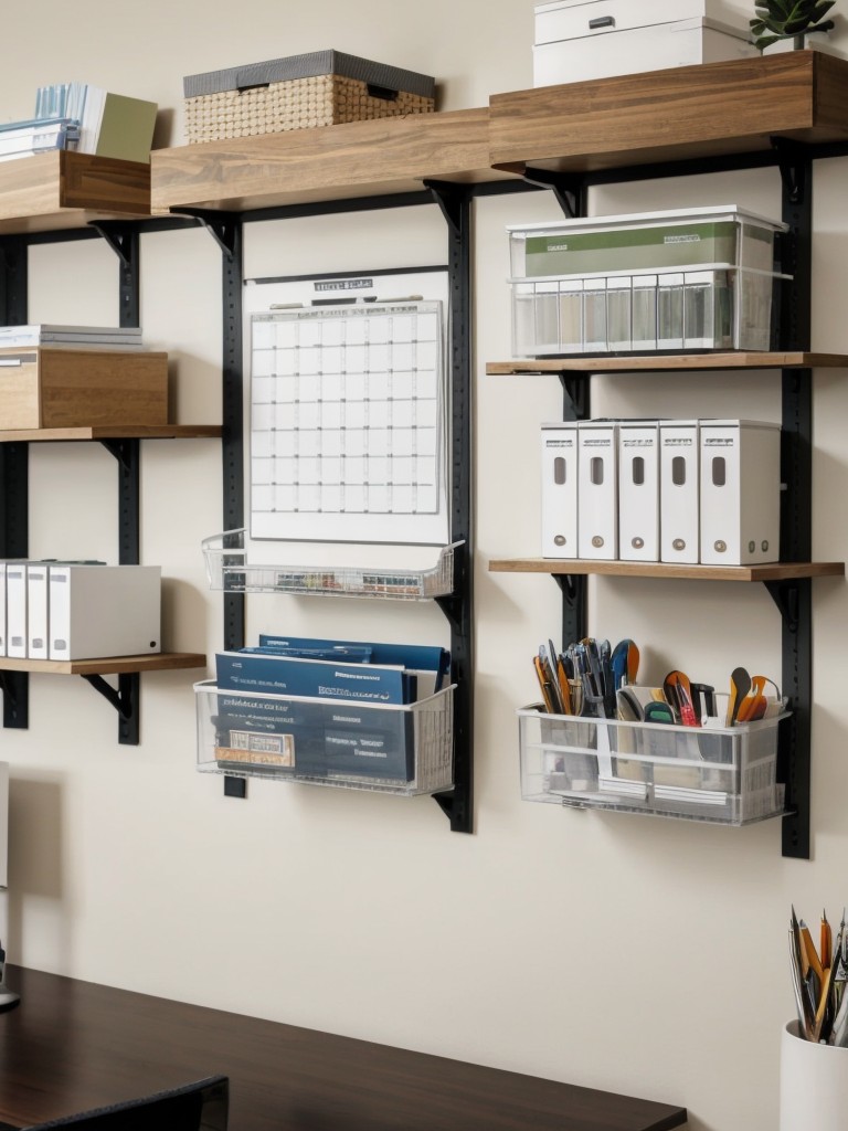 Maximize storage in your home office by using wall-mounted organizers, floating shelves, or a pegboard for storing office supplies, books, and paperwork.