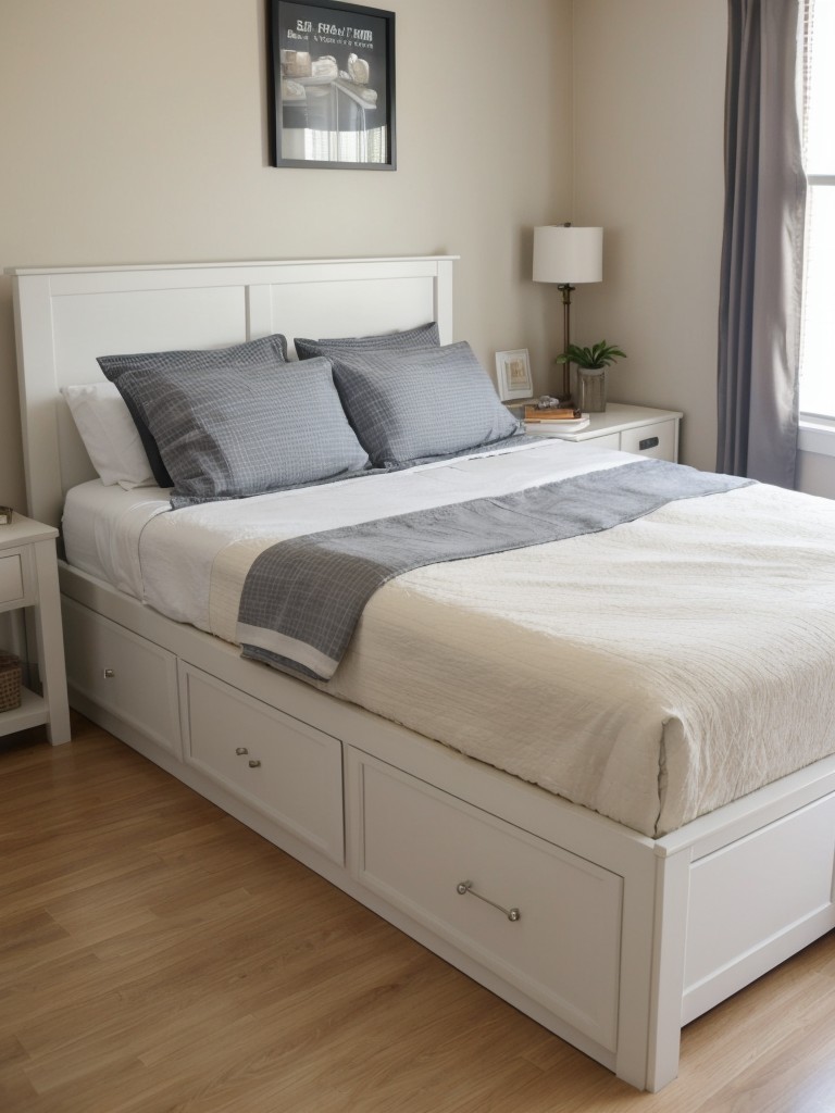 Maximize storage in a small bedroom by using bed risers to create extra under-bed storage for clothing, shoes, or extra bedding.