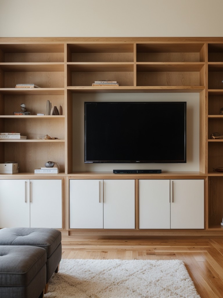 Maximize storage in a small living room by incorporating storage ottomans, built-in bookshelves, or wall-mounted TV stands with shelving units.