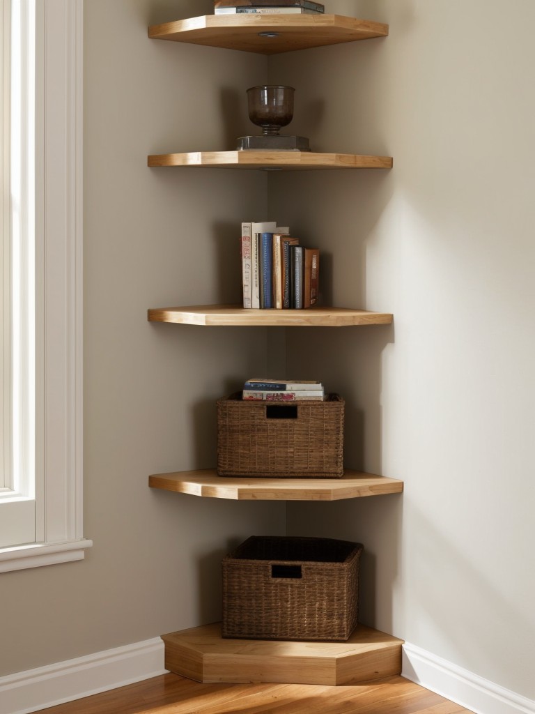 Transform an awkward corner into a functional storage space by installing corner shelves or a floor-to-ceiling bookshelf.