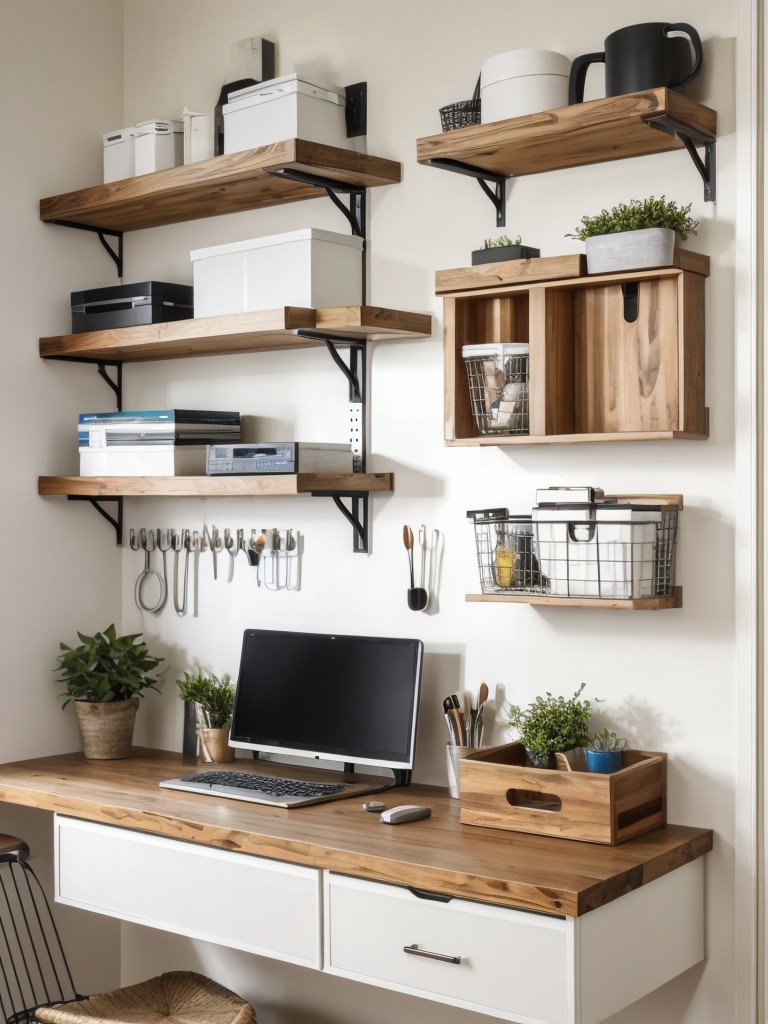 Transform empty wall spaces into functional storage areas by installing hooks, pegboards, or a floating wall-mounted desk with built-in shelving.