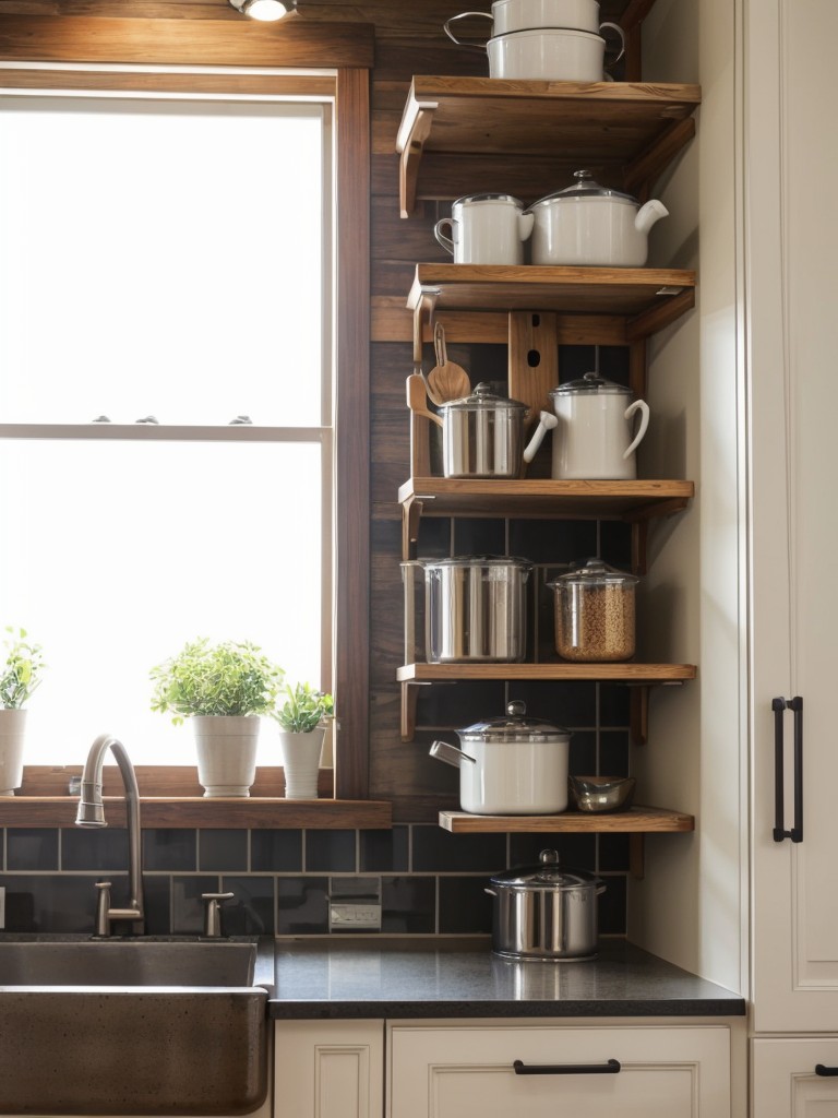 Utilize the space above your kitchen sink by installing a hanging pot rack or shelves to store frequently used cookware and utensils.