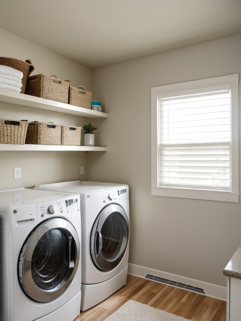 Utilize the space above your washer and dryer by installing a shelf or a hanging rod for laundry essentials like detergent, fabric softener, and clothespins.