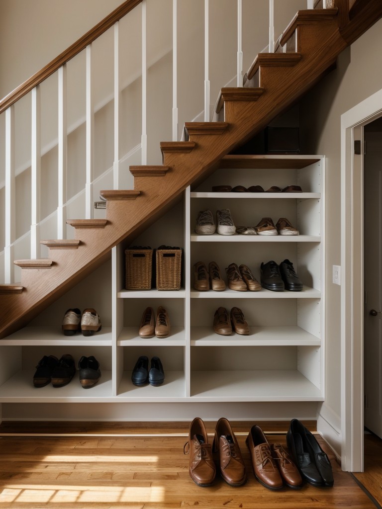 Utilize the space under your stairs by installing custom-built cabinets or shelves to store books, shoes, or even a small desk setup.