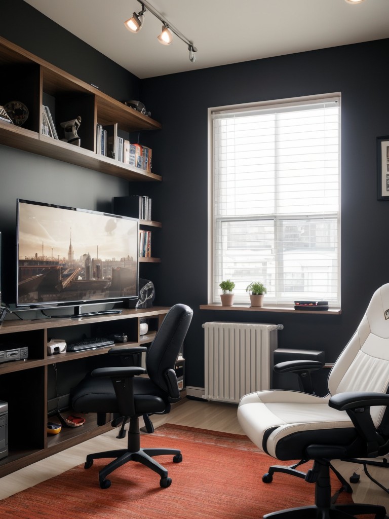 Gaming-themed apartment decor, complete with a dedicated gaming space, comfortable gaming chairs, and stylish storage for consoles and accessories.