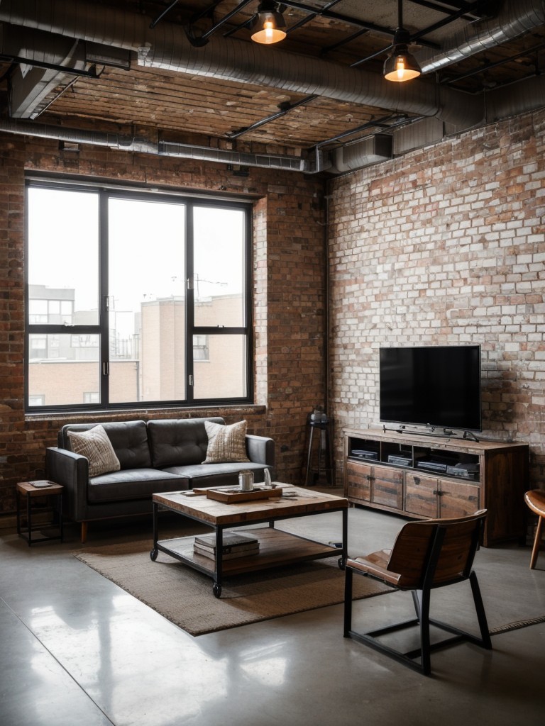 Industrial-chic apartment decor with exposed brick walls, vintage-inspired furniture, and a mix of metal and wood accents.