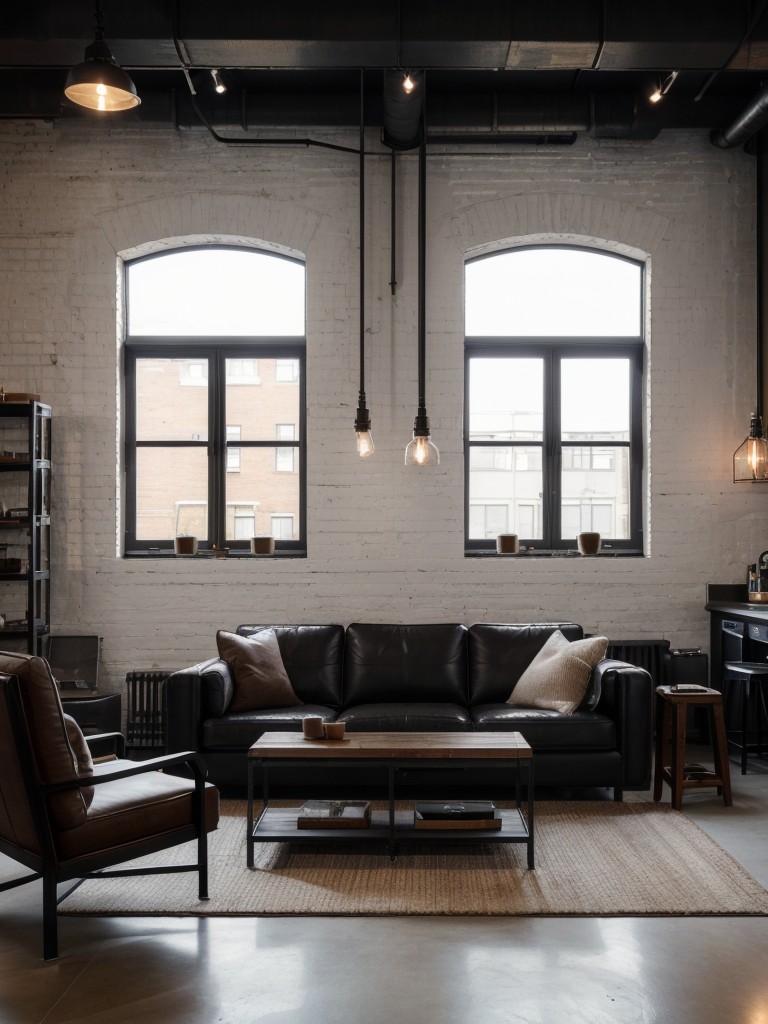 Masculine apartment design with sleek, dark furniture and industrial accents like exposed brick walls and metal light fixtures.