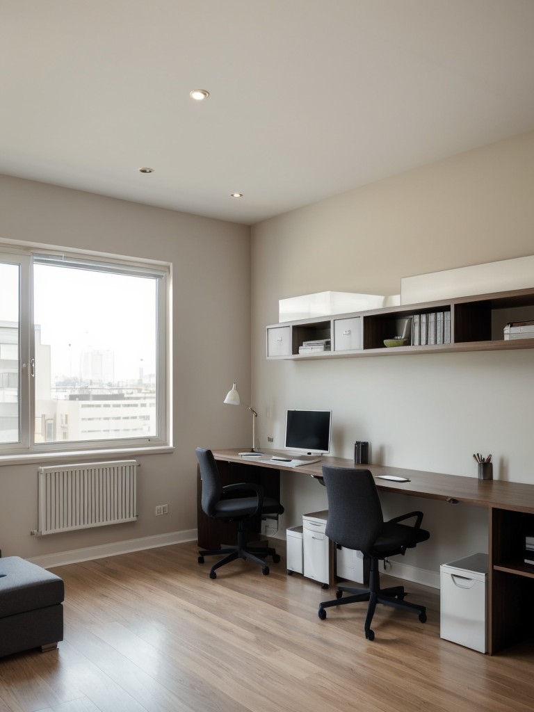 Modern apartment design with a focus on home office functionality, including a spacious desk, comfortable seating, and plenty of storage for work essentials.