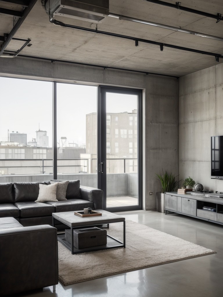 Modern industrial apartment decor, incorporating concrete walls, metal accents, and sleek leather furniture for a chic urban feel.