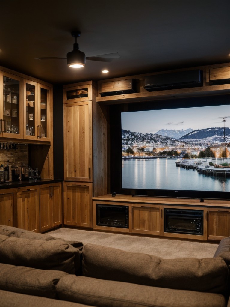 Modern man cave ideas for apartment living, including a home theater area, a bar, and cozy seating for entertaining friends.