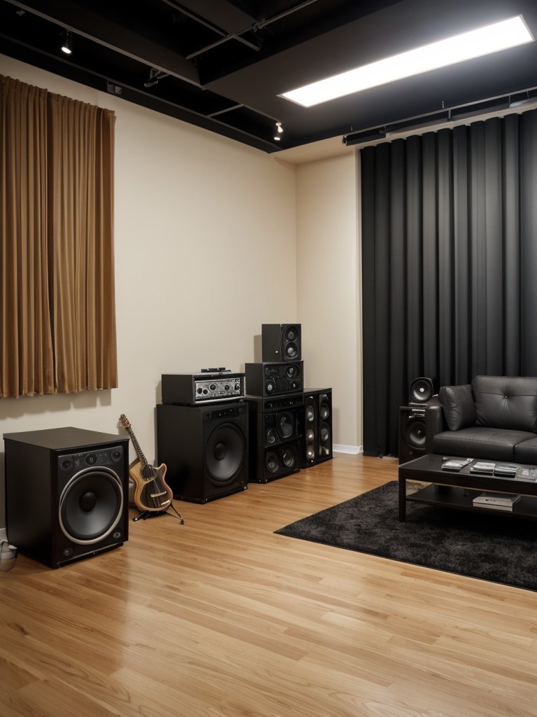 Music lover's apartment design, featuring a dedicated music studio corner, soundproofing materials, and stylish display for vinyl records.