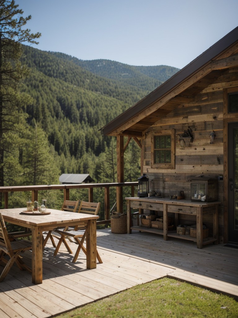 Outdoor adventure-themed apartment decor, with a focus on rustic furniture, natural materials, and elements like hiking or camping gear displays.