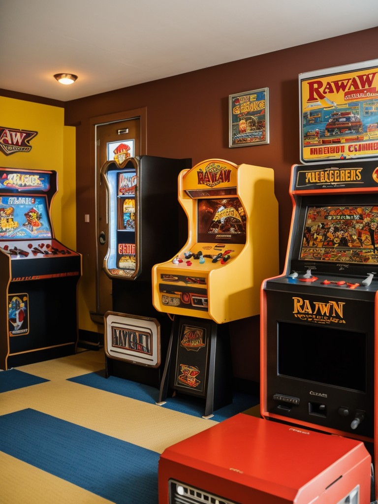 Retro gaming apartment decor, complete with vintage arcade machines, classic game consoles, and nostalgic posters for a throwback atmosphere.