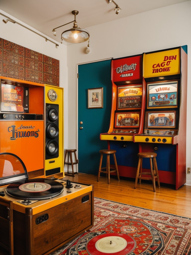 Retro-inspired apartment design, incorporating vintage furniture, bold patterns, and nostalgic elements like record players or arcade games.