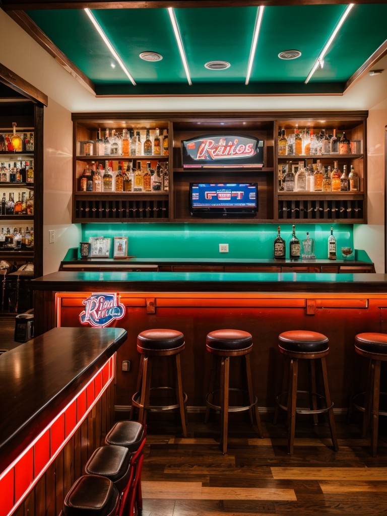 Retro sports bar-inspired apartment design, complete with vintage sports memorabilia, neon signs, and a fully stocked bar area for entertaining.