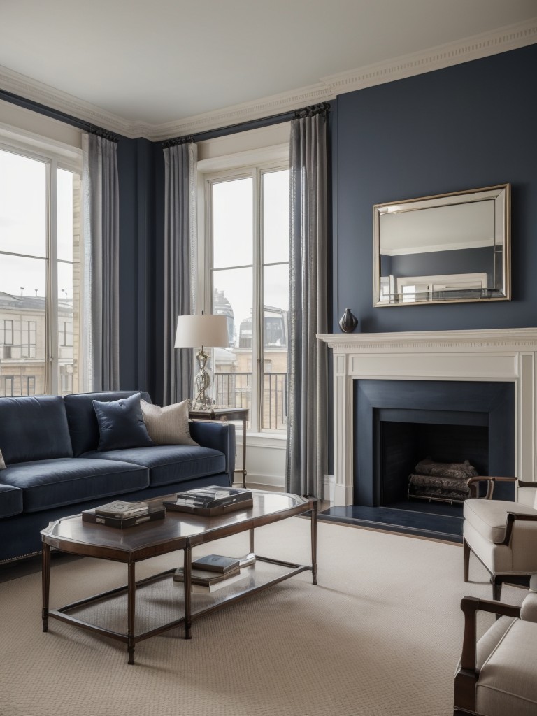 Sophisticated gentleman's apartment design, featuring elegant furniture, rich textures, and a refined color palette of blues, grays, and browns.