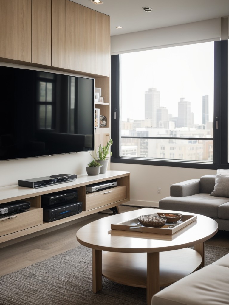 Tech-savvy apartment design with smart home features, integrated entertainment systems, and innovative gadget storage solutions.