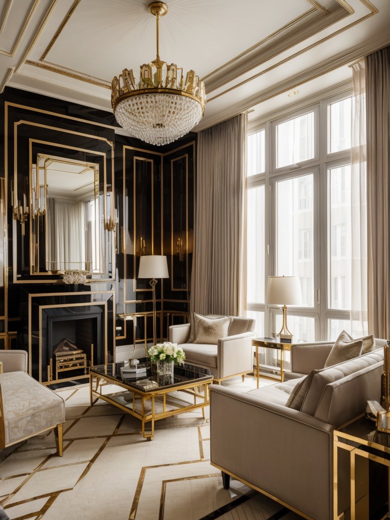 Art Deco apartment interior design with luxurious materials, geometric patterns, and glamorous accents.