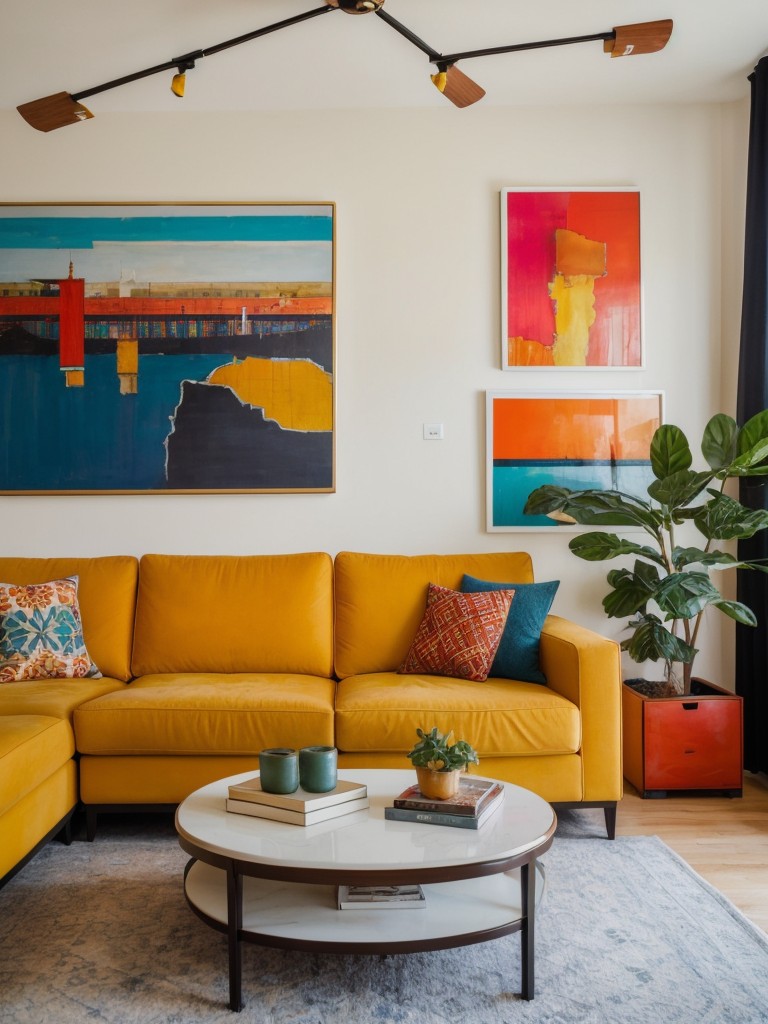 Artistic apartment decor inspiration with vibrant colors, eclectic artwork, and statement pieces.