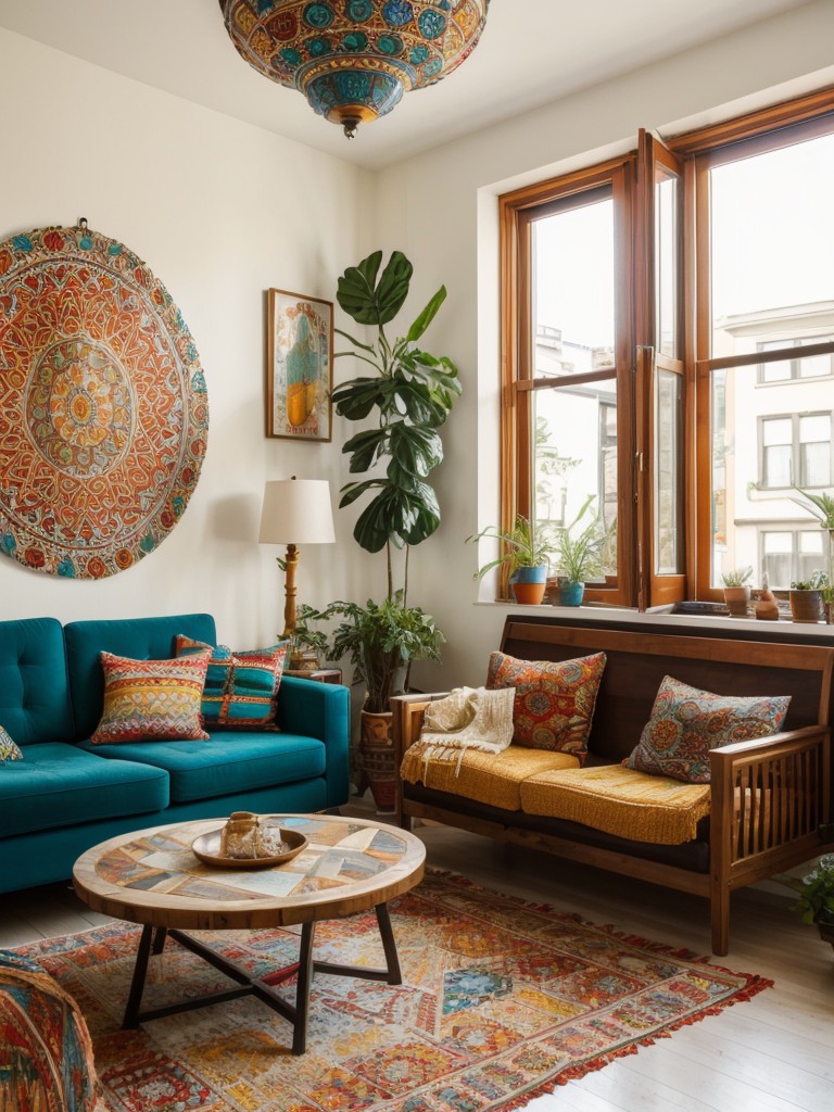 Bohemian apartment decor ideas featuring vibrant colors, eclectic patterns, and unique decor pieces.