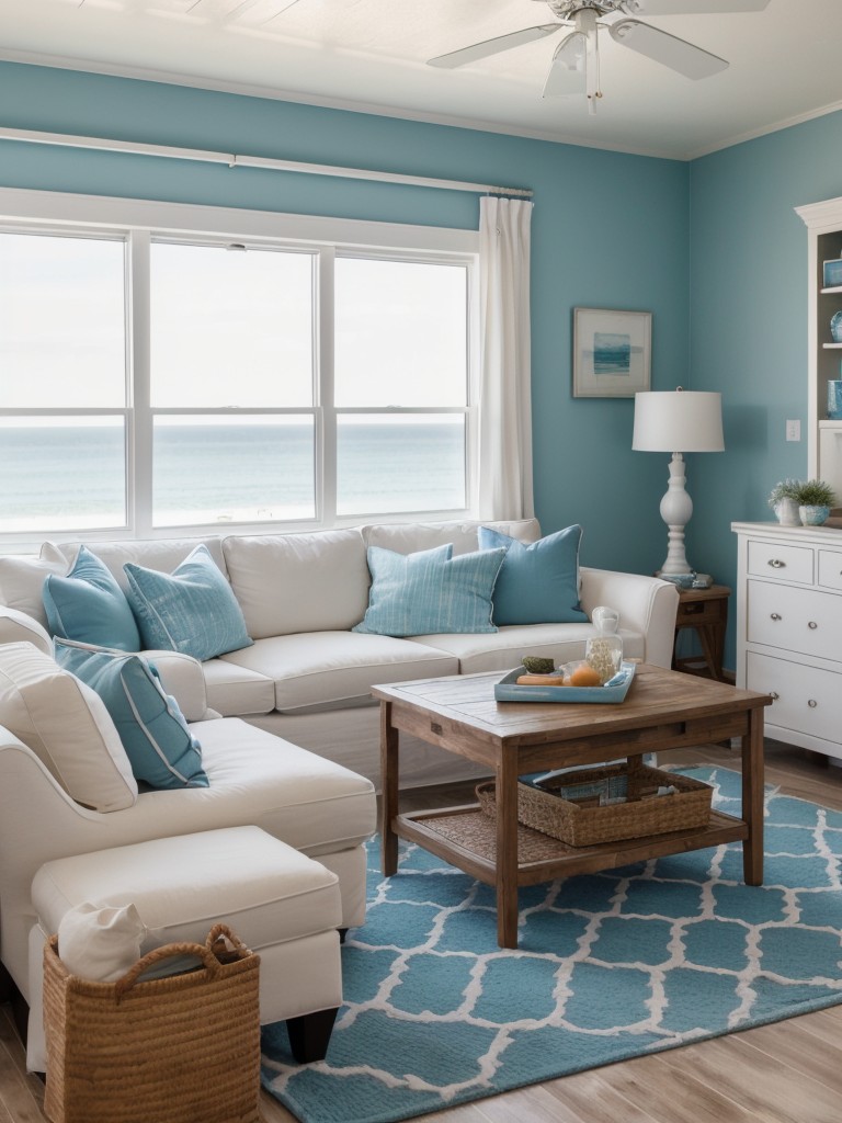 Coastal apartment decorating ideas with breezy colors, seaside motifs, and nautical accents.