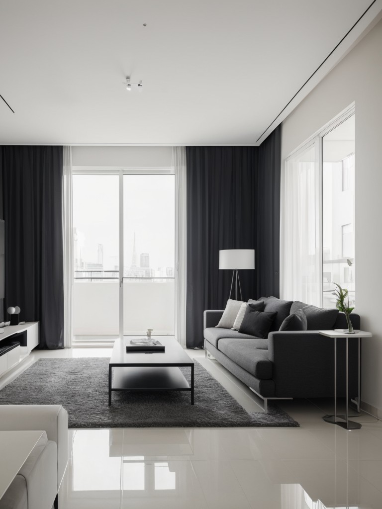 Contemporary apartment design with sleek furniture, monochromatic color scheme, and minimalist decor.