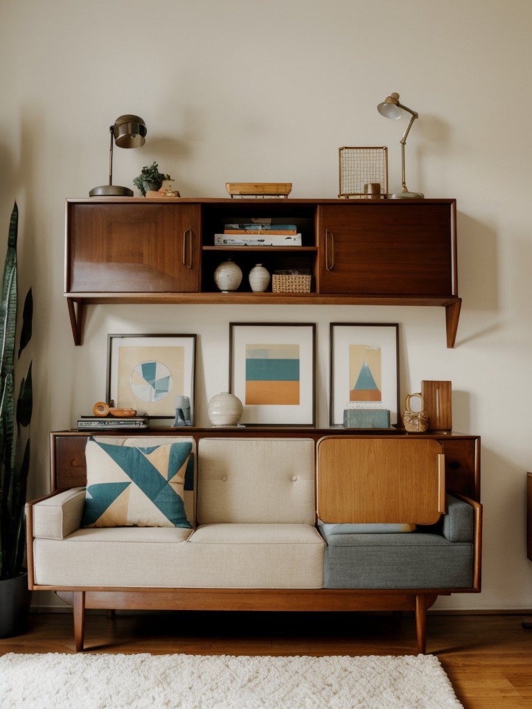 Mid-century modern apartment decor ideas with retro furniture, geometric patterns, and vintage accessories.