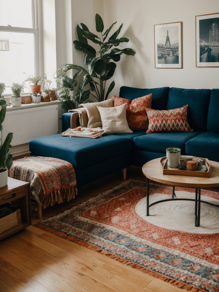 Modern bohemian apartment decor featuring cozy textiles, bold colors, and a relaxed vibe.