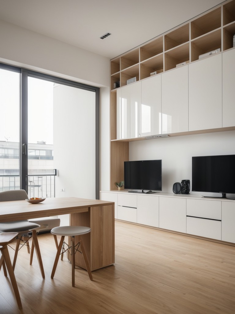 Open concept apartment design with multifunctional furniture and clever storage solutions.