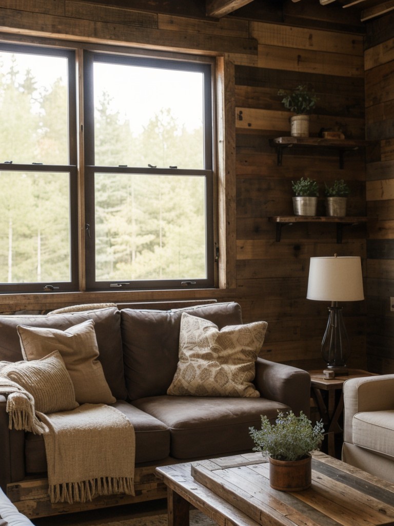 Rustic chic apartment interior design with reclaimed wood, vintage finds, and cozy accents.