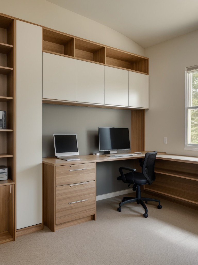 Designing a designated workspace with a built-in desk and storage compartments to enhance productivity.