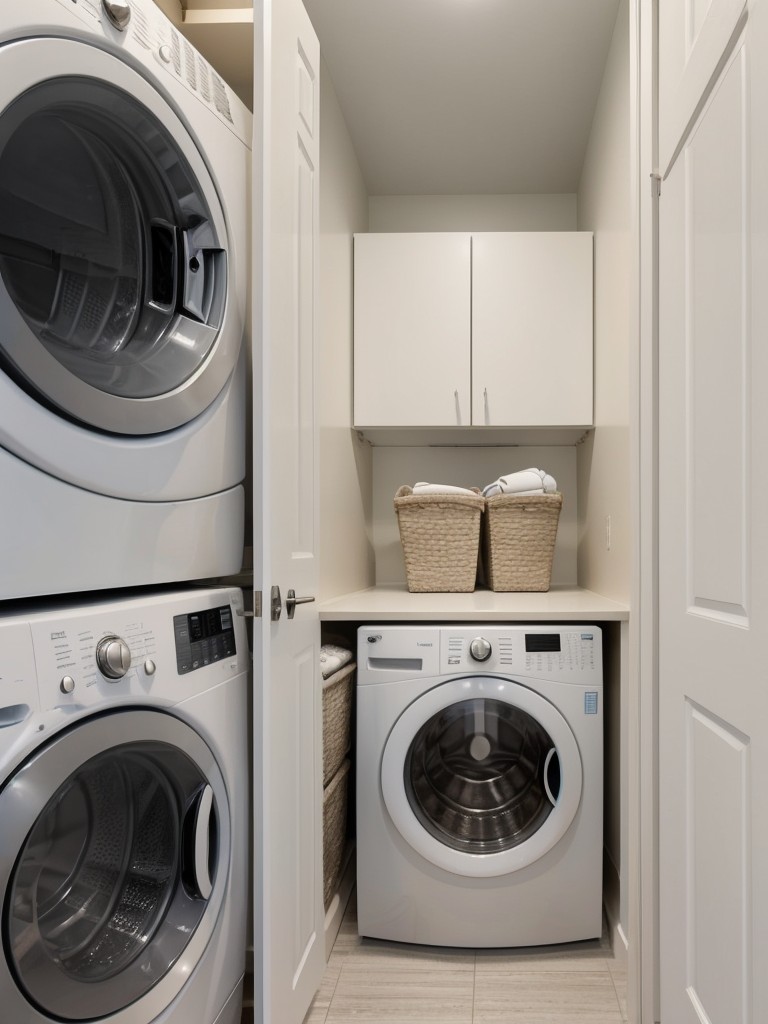 Integrating a compact laundry area within the apartment, complete with a washer-dryer combo and storage for laundry essentials.