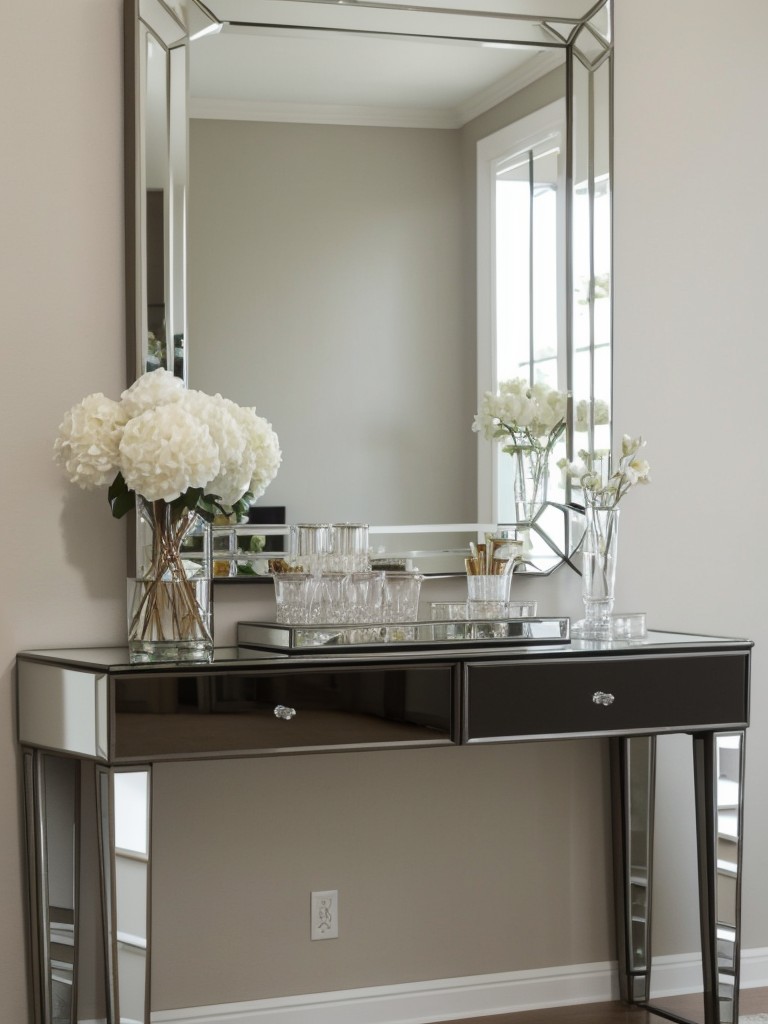 Incorporate a glamorous mirrored accent piece, such as a mirrored coffee table or console table, to add a touch of glamour.