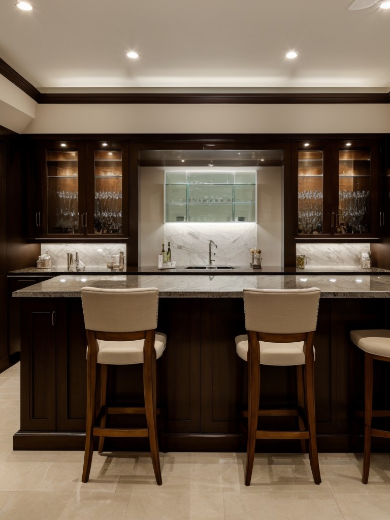 Install a built-in bar area with a mirrored backdrop and glass shelves to create a luxurious and sophisticated entertaining space.