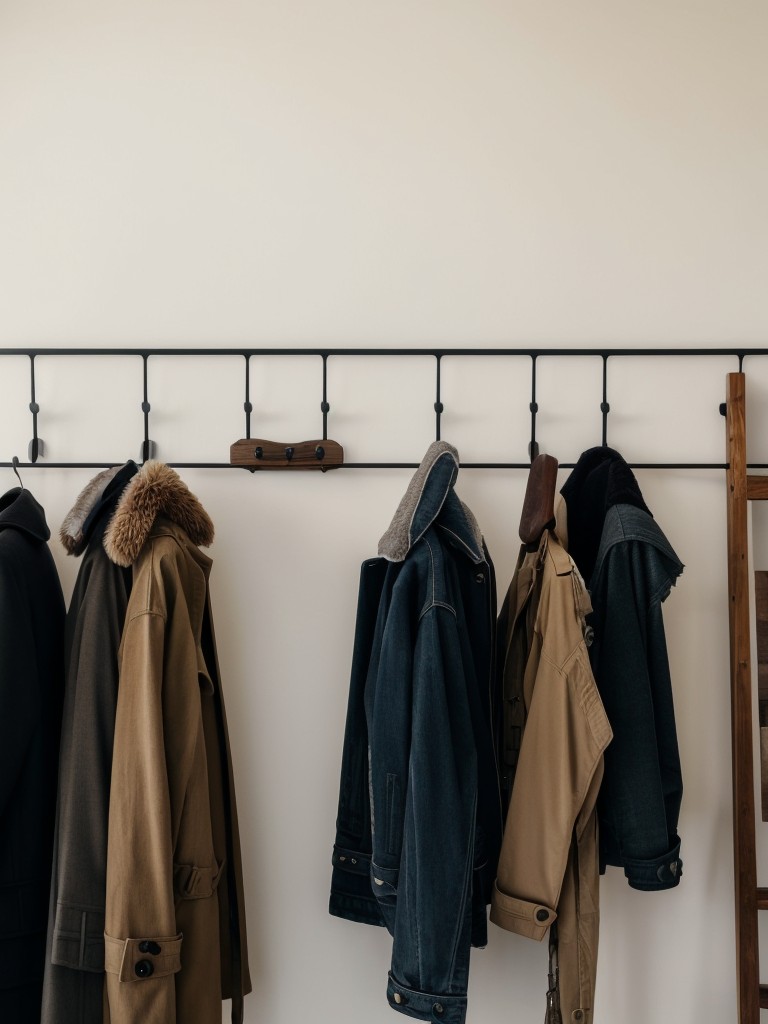 Create a designated area for hanging coats and jackets with decorative hooks or a wall-mounted coat rack.