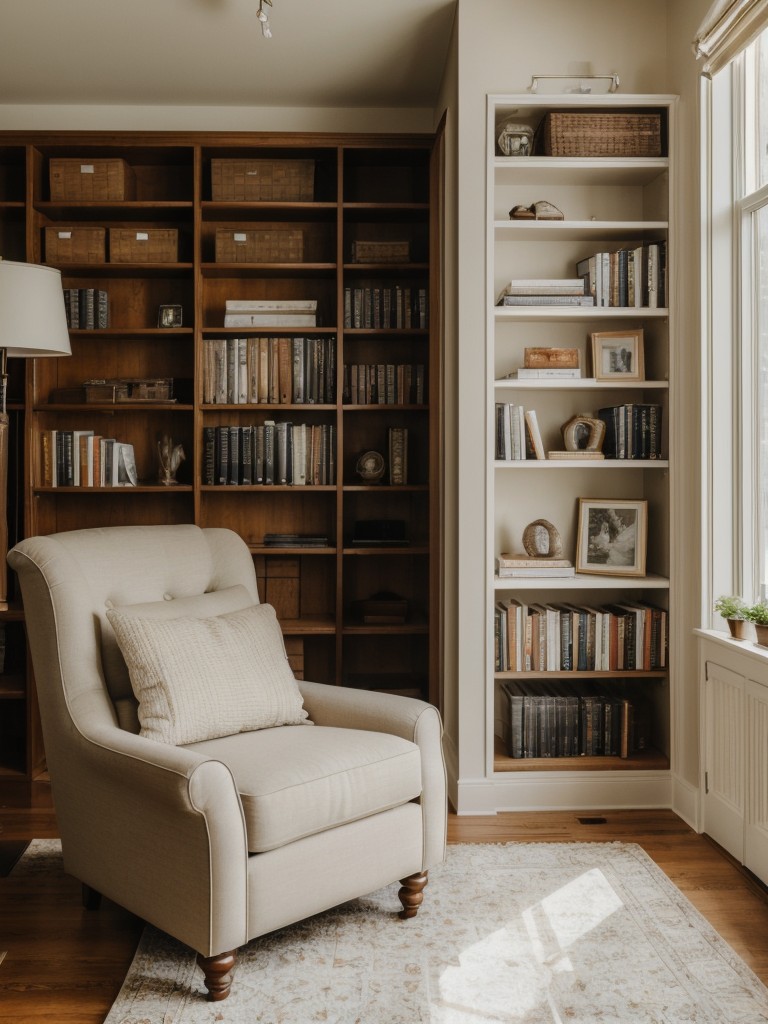 A guide to creating a cozy reading nook within an apartment, complete with a comfortable chair, good lighting, and a bookshelf.